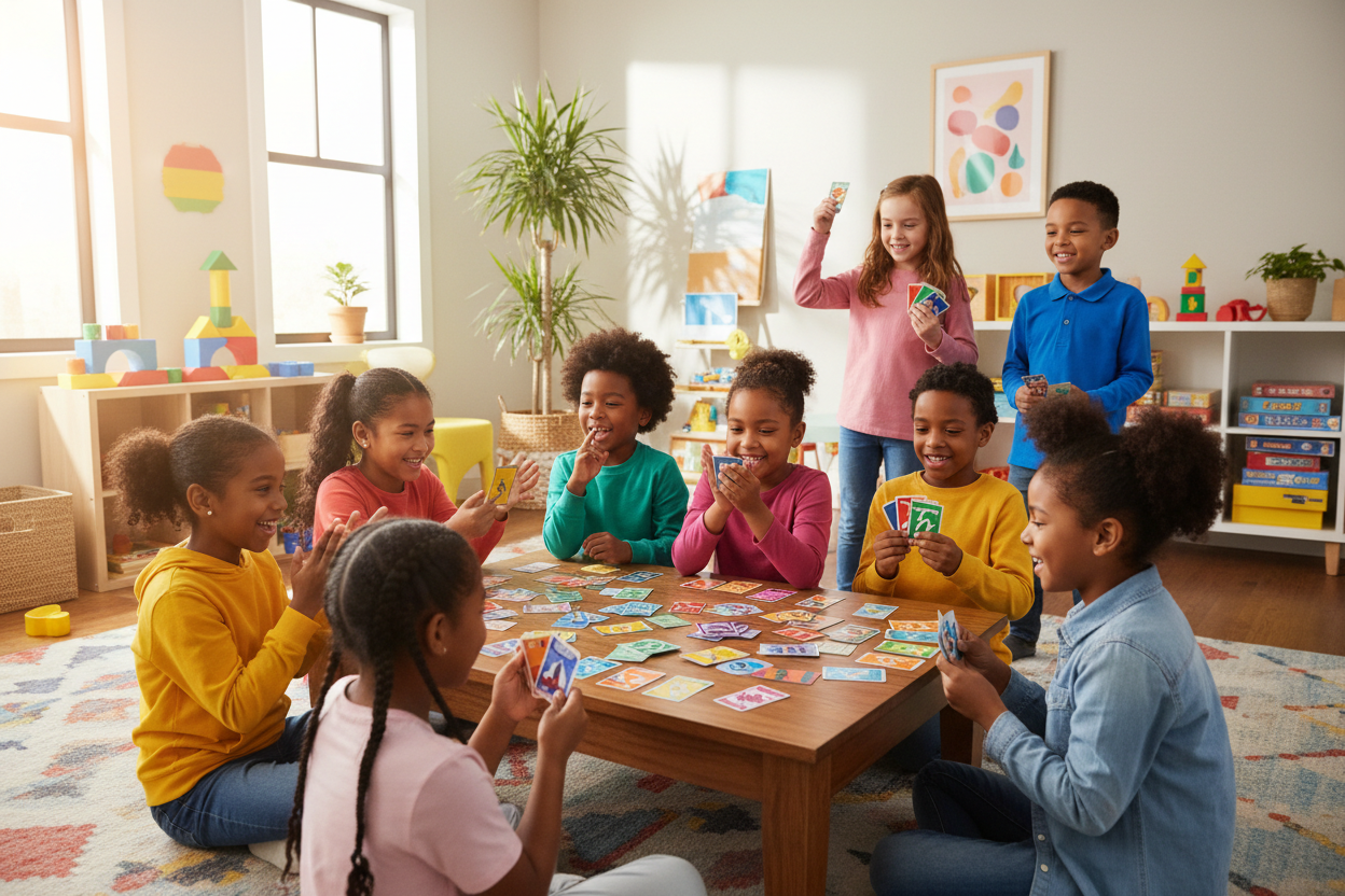 generate a hero-banner image for "kids game card" to place on hero section full screen on show kids playing with card games. make sure don't write any text on visuals